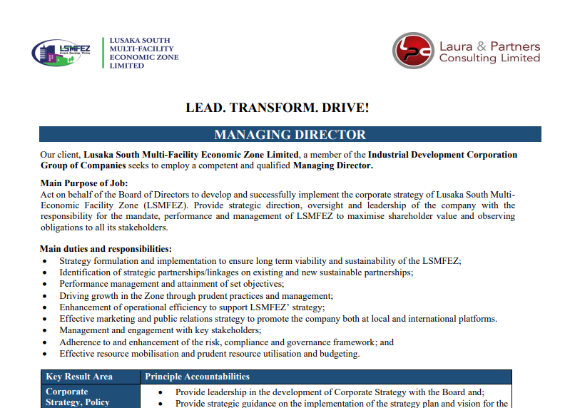 MANAGING DIRECTOR - Lusaka South Multi-Facility Economic Zone Limited
